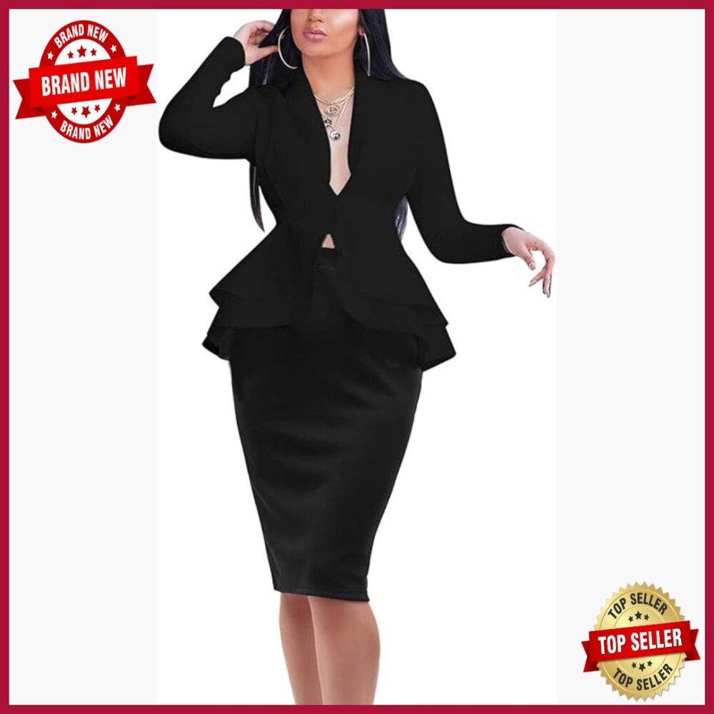 Stretchy Two Piece Suit Set Peplum Blazer Pencil Skirt Office Wear